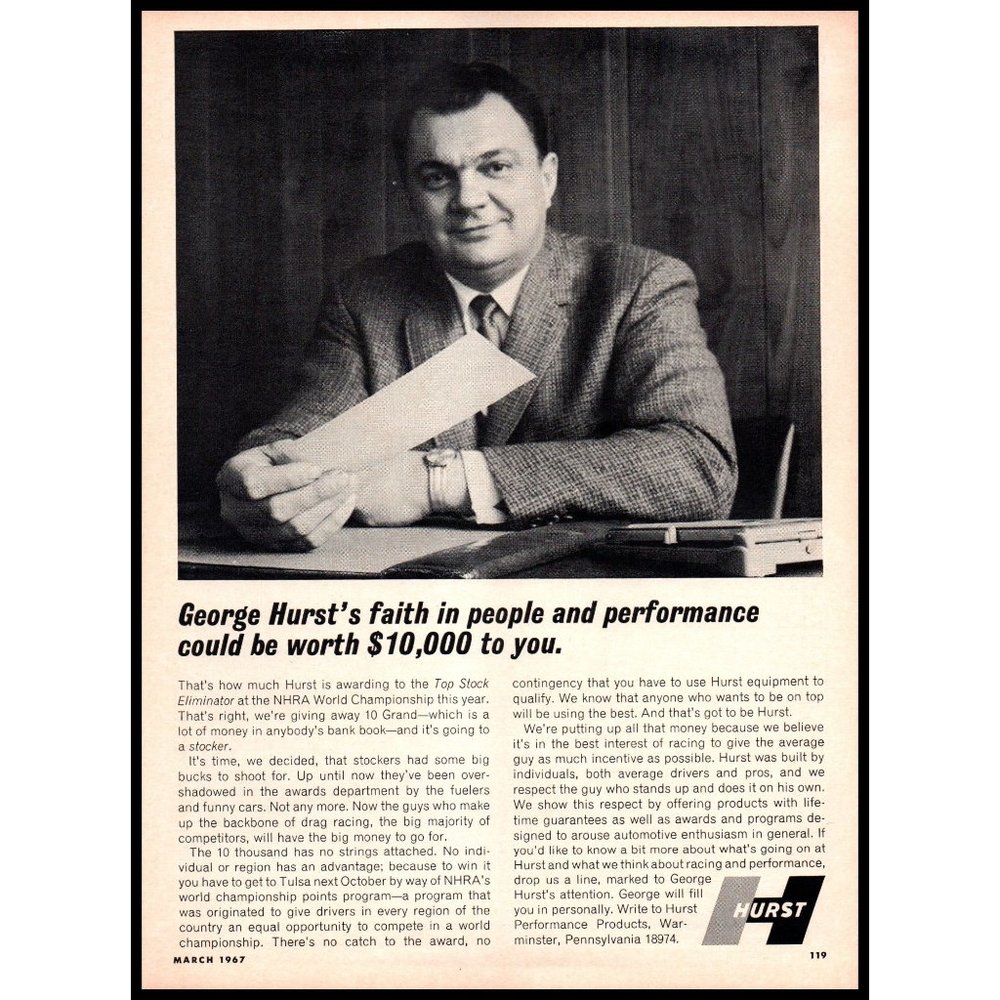 1967 George Hurst Performance Parts Vintage Print Ad $10,000 Check Wall Art